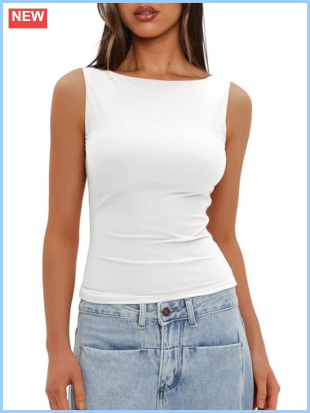 Women's Sleeveless Boat Neck Double Lined Basic Tank Top Casual